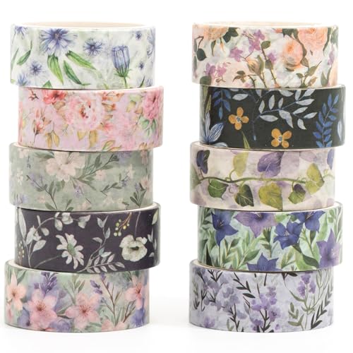 Songdao 和紙テープ 色とりどりの花々柄 10巻セット|フローラル マスキングテープ ガーデン柄/手帳・スクラップブック・DIY・ギフトラッピングに最適|15mm×2m (4 紫)