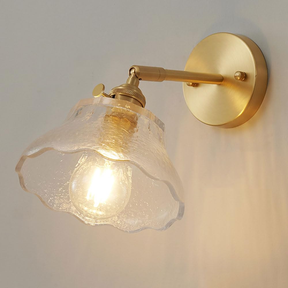 HPTHLY Clear Glass Wall Sconced Adjustable Wall Lamp With Brass Rotary Switch, Vintage Elegant Hand Blown Transparent Glass Wall Light Fixture For Bedroom Be(B)