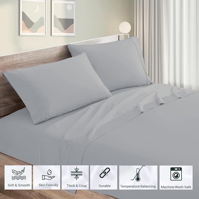 Image of Cottington Lane Bed Sheet - Brushed Microfiber Bedsheets - Flat Bedsheets & Pillowcase - Super Soft Microfiber - Breathable Wrinkle, Fade Resistant & Cooling Sheets - King - 108x108 Inch Light Grey