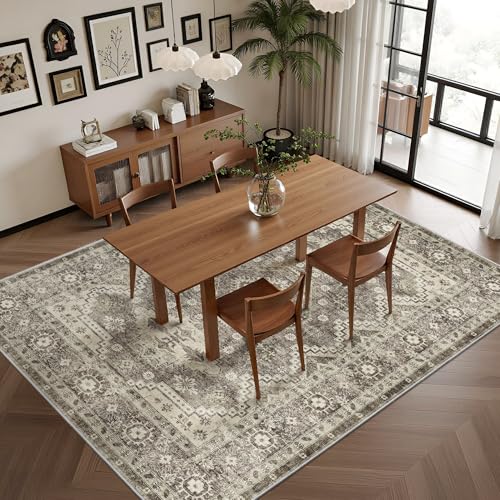 Rugland Area Rug - Stain Resistant Washable Rug, Anti Slip Backing Rugs for Living Room, Vintage Tribal Area Rugs (TPR07-Ivory, 9'x12')