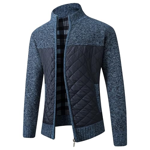 Mens Quilted Cardigan Sweaters Full Zip Up Stand Collar Slim Fit Sweater Casual Knitted Sweater with Pockets
