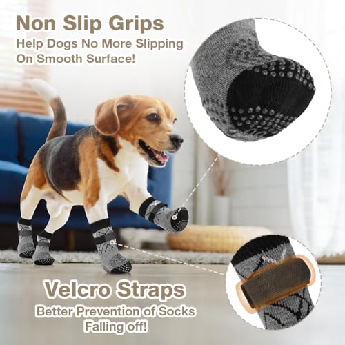Adiwo 2 Paar Anti Rutsch Hundesocken, Doppelseitige Socken für Hunde mit Verstellbaren Riemen, Dog Socks, Hundeschuhe Pfotenschutz Outdoor Inneneinsatz, Geschenk zu Weihnachten, Neujahrsgeschenke, M
