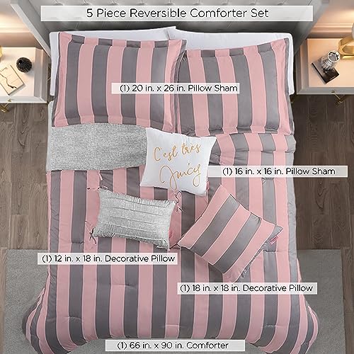 Image of Juicy Couture Cabana Stripe Reversible Bedding Set - Twin /Twin XL Size - Pink and Grey Stripe Print - 5 Piece Set - Includes 1 66 x 90 Comforter, 3 Decorative Pillows, 1 Sham