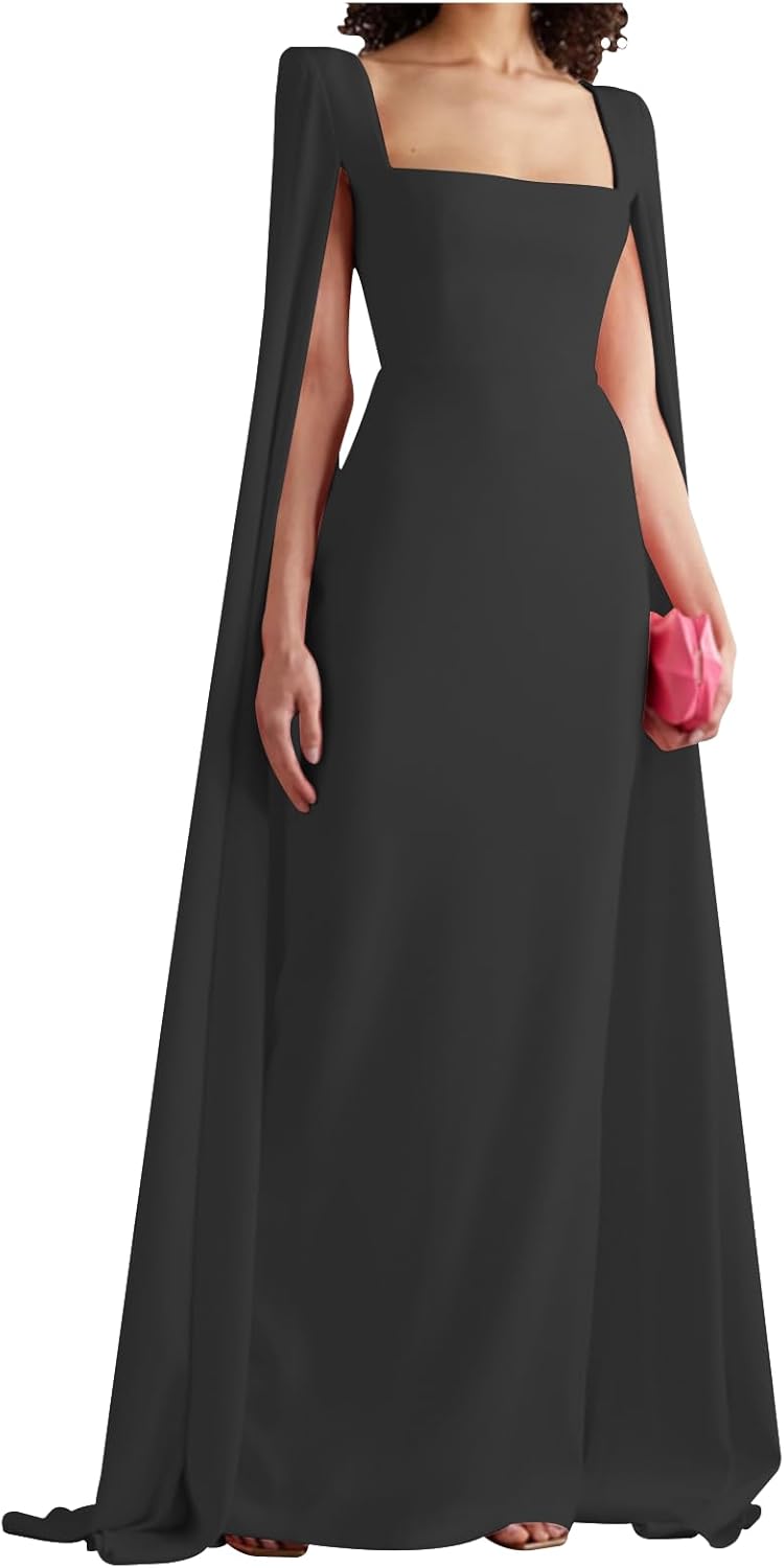 Women's Cape Sleeve Elegant Evening Dress Square Collar Satin Long Sheath Formal Wedding Guest Dress