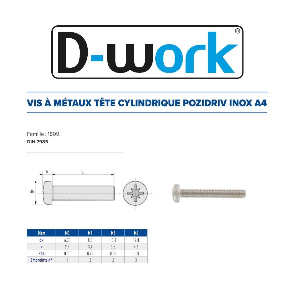 500 viti metalliche a testa cilindrica Pozidriv, 5 x 30 mm, DIN 7985, in acciaio inox A4, D-Work