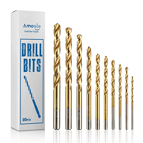 amoolo Titanium Drill Bit Set 10pcs(1/16'-1/4'),Premium HSS Drill Bit Set for Metal,Steel,Wood,Plastic,Aluminum Alloy.