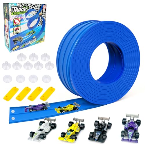 Car Racing Track(4M), 21 Pcs Pista de Coches, Circuito de Carreras de Goma, con 4 Coches y 12 Ventosas, Regalo para Niño y Niñas(Azul)