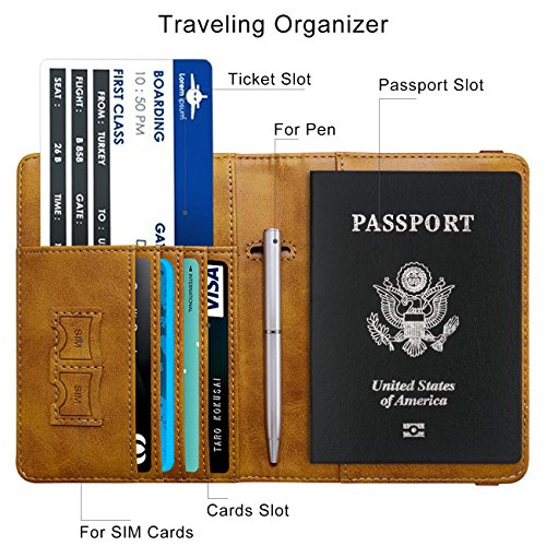 Image of WALNEW Passport Holder for Travel, RFID Passport Cover Wallet for Women Men | PU Leather Passport Book Card Holder Case with Pen, Travelling Essentials for Flying