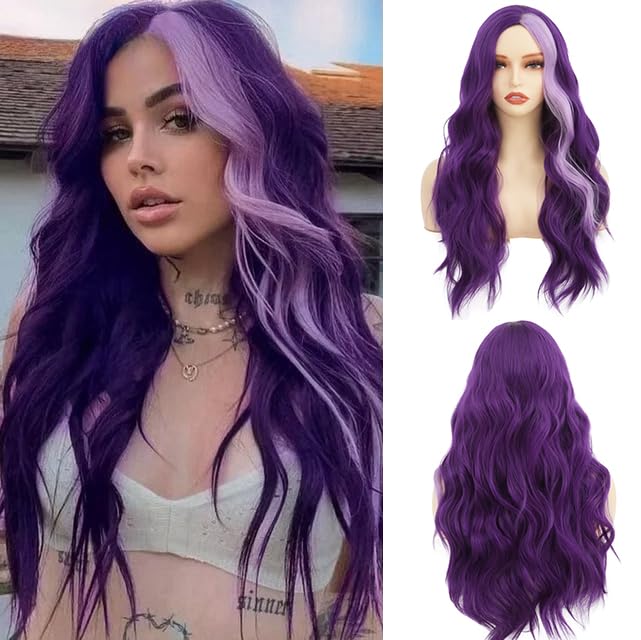 Sabosi Long Wavy Purple Wigs for Women 26 Inch Middle Part Curly Wavy Wig Natural Looking Synthetic Heat Resistant Fiber Wig for Daily Party Use
