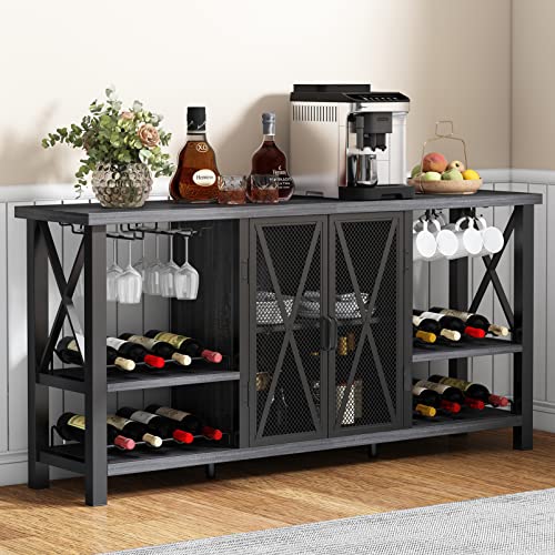 HOMYSHOPY-Wine-Bar-Cabinet-with-Glass-Holder-Liquor-Cabinet-with-Detachable-Wine-Rack-Buffet-Sideboard-Wine-Rack-Table-with-Mesh-Door-for-Living-Room-Kitchen-and-Dining-Room-Grey