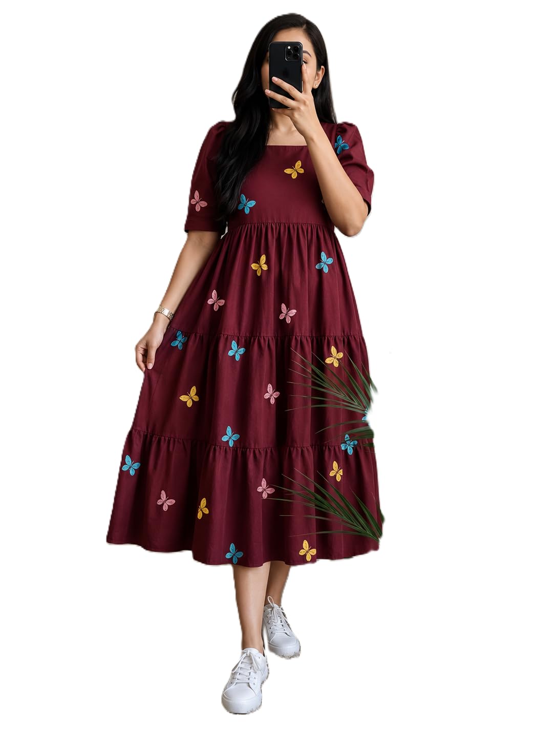 Girl's & Women's Brown Solid Color Round-Neck A-Line Dress for Women | New Year Party Outfit | Puff Sleeve Western Dress | Elegant Casual Wear-picture-15