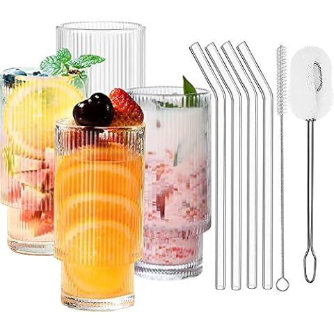 Haundry 4 Ribbed Glass Cup with Straws- Ribbed Drinking Glassware, Origami Style Ridged Glass Tumbler for Water, Juice, Beer, Wine, Cocktails and Beverage Cover