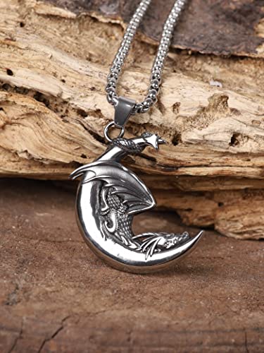 HAQUIL Dragon Necklace for Men, Stainless Steel Slumbering Dragon on Crescent Moon Pendant, Box Chain, Animal Totem Jewelry Gift3