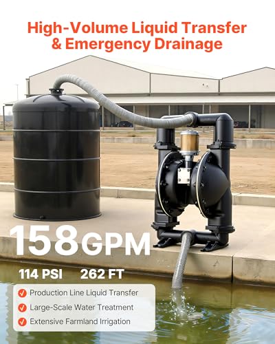 Image of VEVOR Air Operated Double Diaphragm Pump, 158 GPM, 2 inch Inlet & Outlet Pneumatic Waste Oil Transfer Pump, Max 114 PSI, Aluminum Alloy Body, Air-Operated for Diesel, Grease, Kerosene, Gasoline & Oil