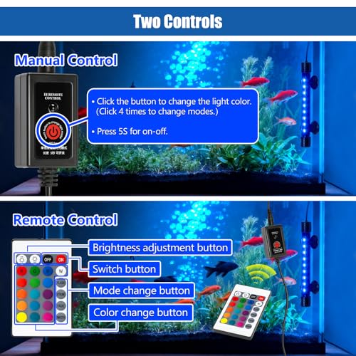 Novique LED Aquarium Light with IP68 Waterproof and Memory Function Submersible Fish Tank Light with Remote and 16 Colors 7.5 Inches Brightness Adjustable Underwater Light Bar for Fish Tank Aquarium