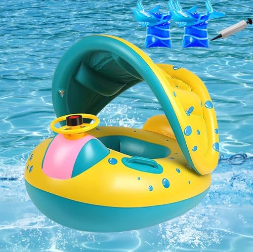 CXJYSD Flotador De Piscina para Niños con Toldo,Bonito Anillo Flotante para Brazo De Natación,con Asiento Flotante Y Toldo Inflable,Bomba Manual,2 flotadores...