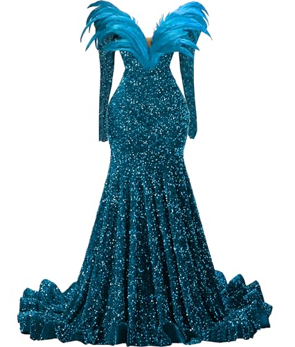 Prom Dress Sequin Feather Glitter Pageant Mermaid Evening Party Dress