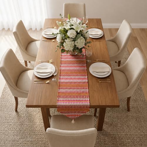Image of STITCHNEST Woven Table Runner 13x72 Inches | Red & Pink Geometric Design | Tassel Finish | Modern Dining Table Decor