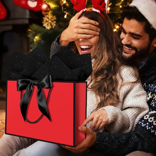 Image of JMANNI Gift Bags with Handles, 13 inch Medium Gift Bag for Presents, 1 Pcs Bags with 2 Tissue Paper and 1 Cards for Baby Shower Wedding Bridal Shower Mother's Day Birthday Party (black-red