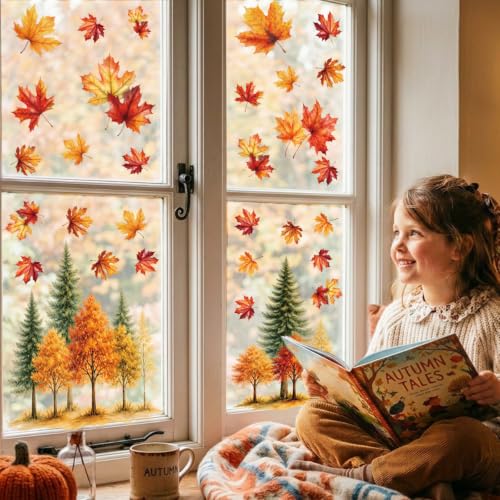 Fall Window Clings Decor Autumn Trees Maple Leaf Thanksgiving Decorations