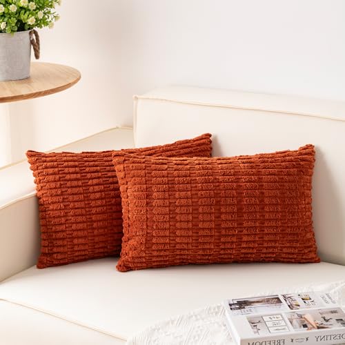 Image of Aegero Pack of 2 Corduroy Decorative Throw Pillow Covers 12x24 Inch, Rust | Fall Soft Striped Pillow Covers Modern Farmhouse Home Decor Christmas Throw Pillow Covers for Sofa Living Room Couch Bed