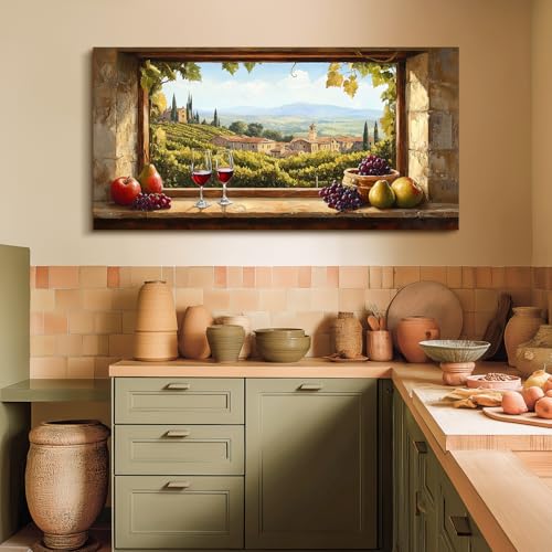 crmotu Window View Extra Large Wall Art, Italian Vineyard Landscape Canvas Prints, Grape Farms Beyond the Vintage Windowsill, Rustic Kitchen Dining Room Pictures Wall Decor for Wine Lovers 30x60 Inch