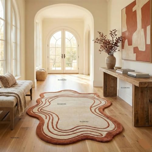 Image of Handmade Woollen Rug 6x8 Ft - Modern Irregular Shape Aesthetic Carpet, 1 Inch Thick Pile, Anti-Skid Backing, Soft Hand Tufted Wool Area Rug for Living Room, Bedroom, Hall Decor