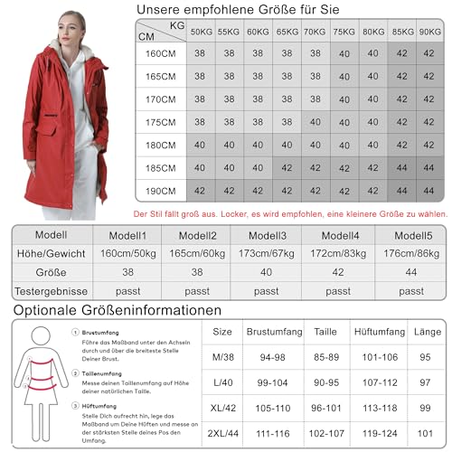 Peter Patter Regenmantel damen gefüttert mit Teddy-Fleece Regenjacke damen wasserdicht mit Kunstfell warm Friesennerz lang PU Windbreaker Regenparka für Winter,rot,38