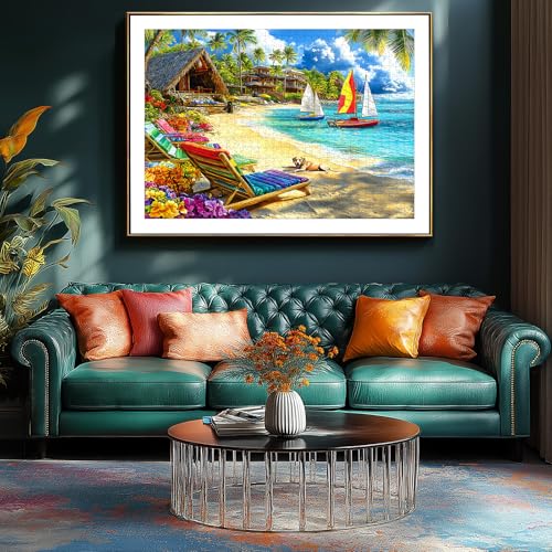 Image of 500 Piece Jigsaw Puzzle for Adults Tropical Beach Summer Scene with Sailboats & Palm Trees, Relaxing Vacation Puzzle with Letters on Back Fun Gift for Seniors, Family, Adults (23x15 Inch)