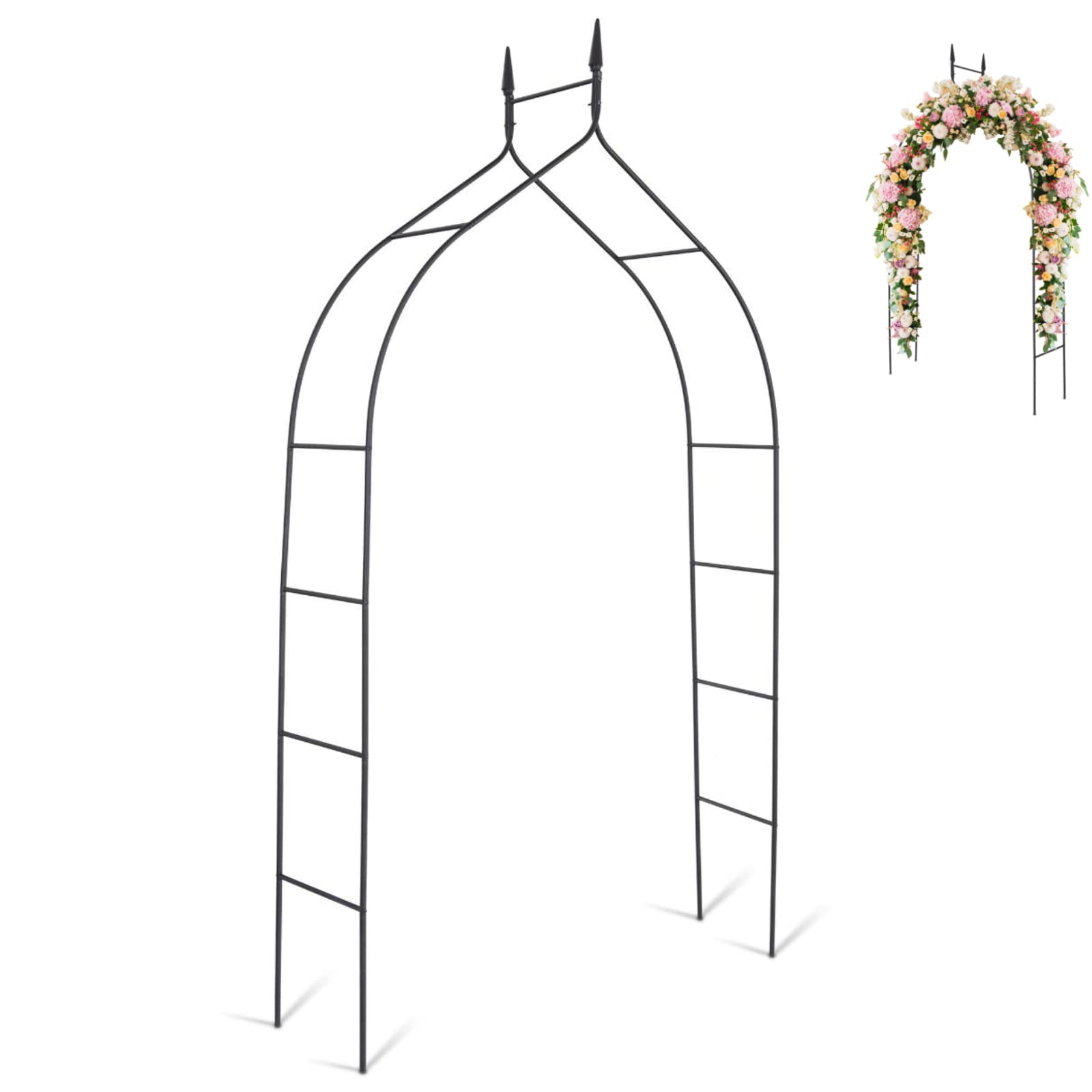 TANGZON 2.55M Metal Garden Arch, Gothic Style Roses Vines Climbing Plants Support Archway, Indoor Outdoor Heavy Duty Tubular Arbour Trellis for Lawn, Backyard, Patio, Wedding Decorations & Party