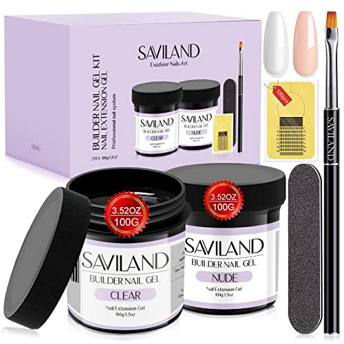 Saviland Clear Nudes Builder Nail Gel Kit - 2 * 100g Hard Gel for Nails, Nail Extension Gel Nail Set Nail Strengthener Gel Nail Art Manicure Kit with 100PCS Nail Forms Acrylic Nail Brush Nail File