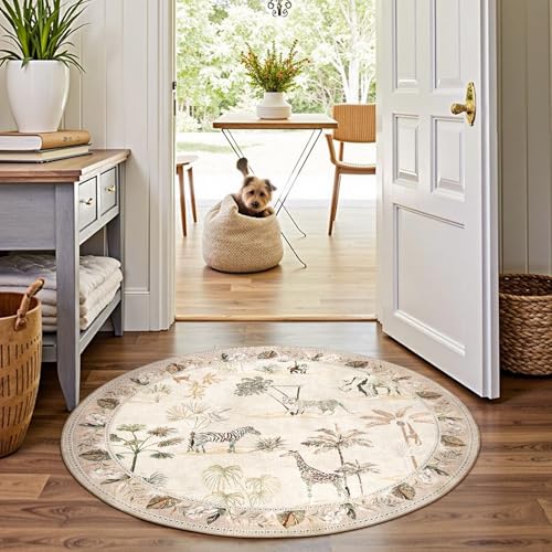jinchan Round Rug 5ft Beige Jungle Animals Print, Machine Washable 5' Circle Modern Soft Non-Slip Forest Plant Throw Area Rug, Ultra-Thin Low Pile Carpet for Entryway Bedroom Kitchen Kids Room - Image 4