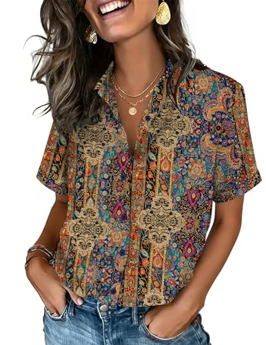 Image of Zeagoo Button Down Shirts for Women Short Sleeve Collared Tops Dressy Casual V Neck Blouses