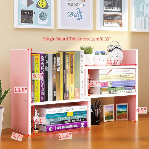 Image of Desktop Shelf Organizer, Adjustable Wood Office Storage Rack, Counter Display Small Bookshelf for Home /Office /School(Pink)