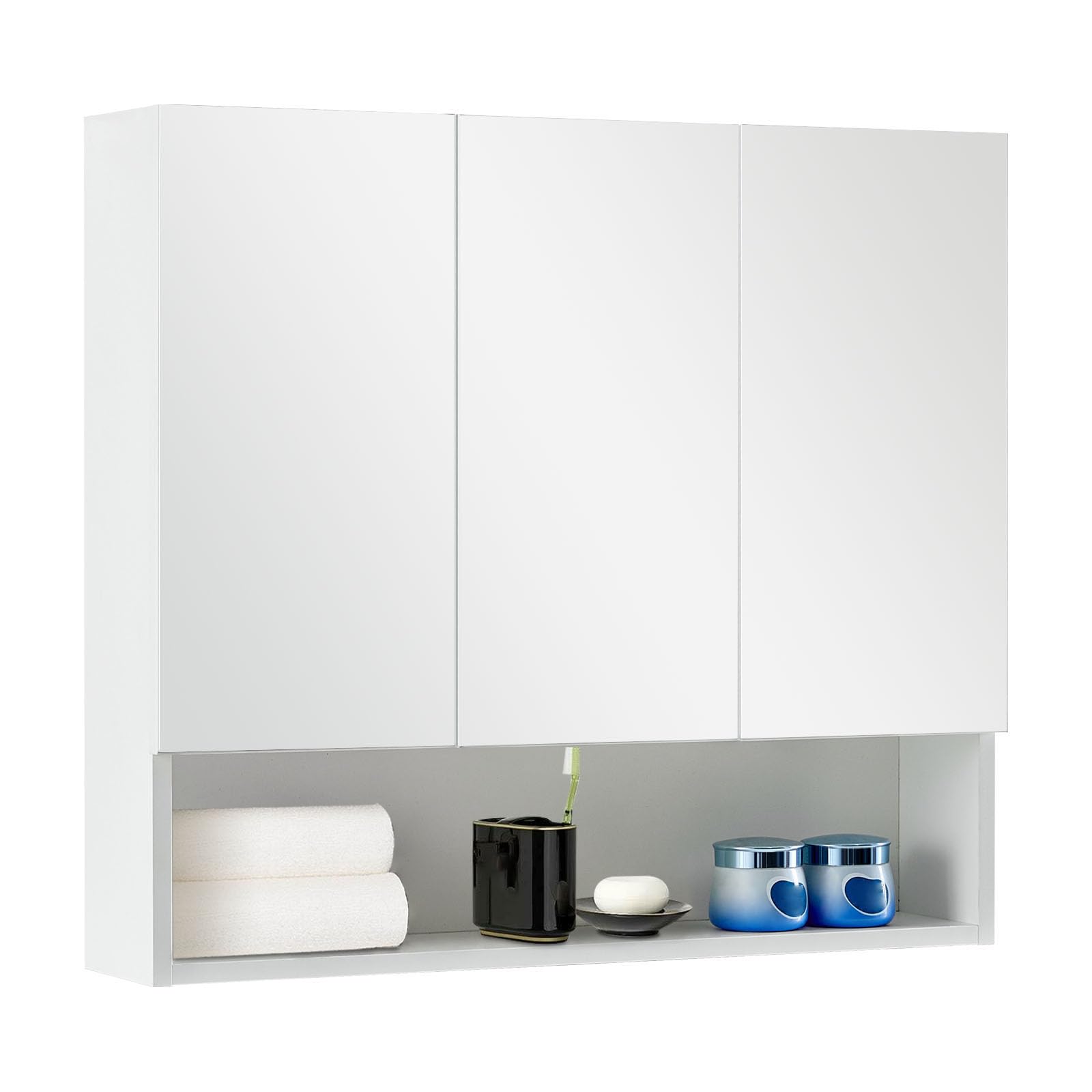 Tukailai - Armadietto per il bagno a giorno con montaggio a parete, bianco, con specchio, portaoggetti, con 3 ante, con ripiani a regolabili, impermeabile