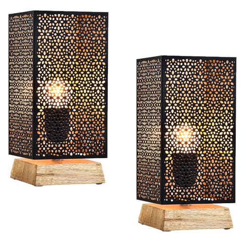 Marrakesch 2er Set Tischlampe Nachttischlampe 25cm groß | Orientalische Deko Lampe im Wohnzimmer Schlafzimmer oder Kinderzimmer | Moderne Tischleuchte Autigan schwarz aus Metall & Holz mit E27 Fassung