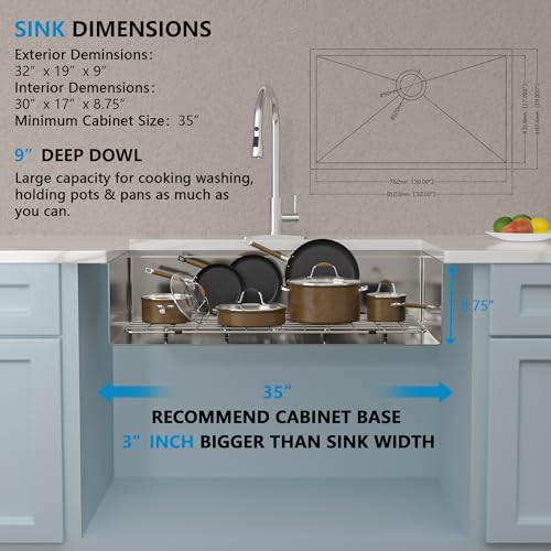 Image of 32 Undermount Kitchen Sink - Fulorni 32 inchx19 inch Kitchen Sink Under Counter 16 Gauge T304 Stainless Steel Single Bowl Basin