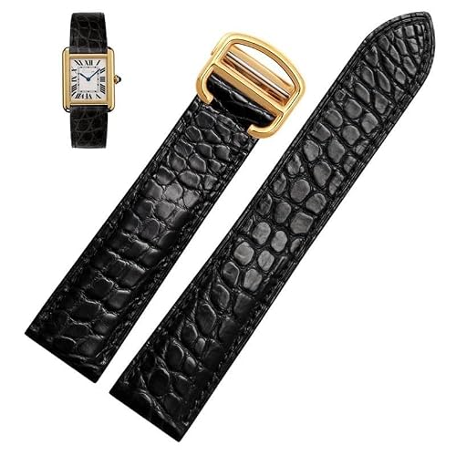 Image of dongriuk Leather Watch Strap For Cartier TANk SOLO RONDE London Kalibo Watch Chain with Folding Buckle(Black-gold A,18mm)