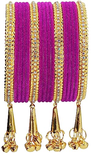Image of NMII Metal with Zircon Gemstone and Velvet Studded Bells Latkan Bangles Set For Girls and Women I Latkan Bangles, Premium Bangle Bracelet Set I Pack of 16 Bangles