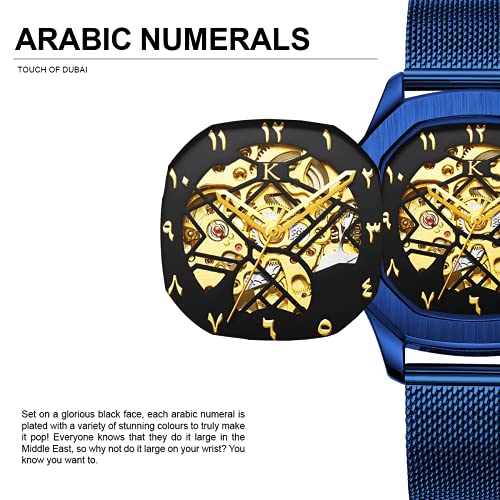Kredo Men OTUS Malik Blue Mechanical Automatic Skeleton Analogue Self-Winding Water Resistant Stainless Steel Wrist Watch-KW078 | Octagonal Dial Mesh Strap | Designed in Amsterdam - Image 3