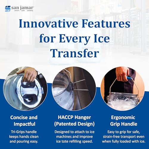 Image of San Jamar Saf-T-Ice Plastic Ice Tote, Ice Bucket with Drying and Storage Hook for Restaurants, Bars, Catering Events, Buffets, 6 Gallons, Blue | Polycarbonate Transport Container with Tri-Grip Handle