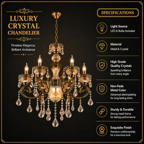 Image of Modern Crystal Chandelier, 8-Light Ceiling Light Glass Fixture, Antique Bronze with Crystal Droplets, Gold Designer Shades for Living, Dining, Bedroom, Staircase & Foyer with Filament Bulbs