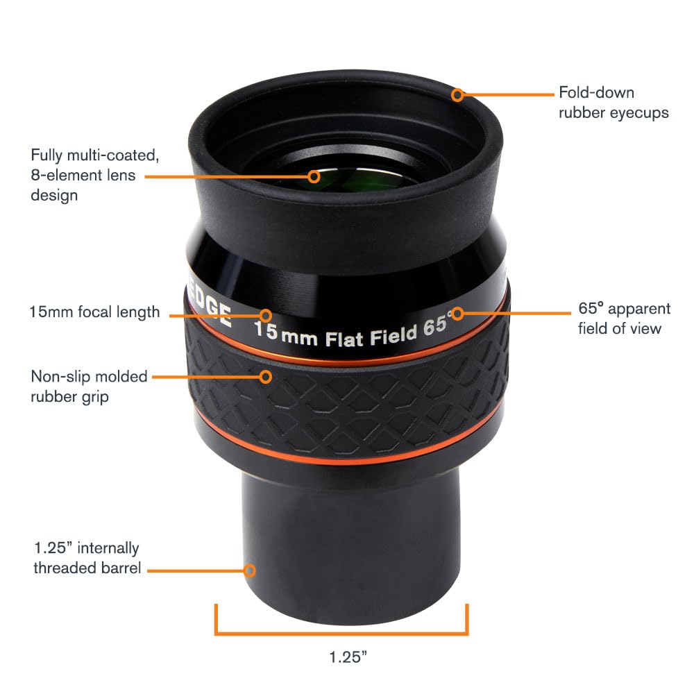 Celestron 93451 Ultima Edge 15mm Parfocal Ultra Flat Field Eyepiece Designed for 1.25" Focusers - Incredibly Crisp Views, Fully Multi-Coated Lens, Moulded Rubber Grip, Black