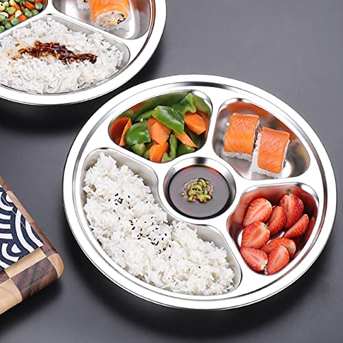 Zoofox Set Of 4 Stainless Steel Divided Dinner Plate, Stainless Steel Plates With 5 Sections, Round Serving Platter, Cafeteria Mess Tray, Camping Dishes, 11 Inches #TOP7
