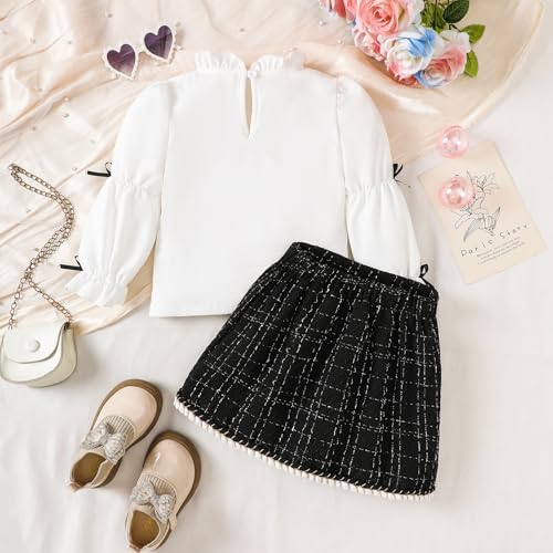 Toddler Baby Girl Two Piece Fall Outfits Puff Sleeve Ruffled Collar Shirt Top+Tweed Plaid Skirt Kids Girls Clothes3