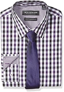 Nick Graham Men's Modern Fitted Multi Gingham Stretch Shirt with Solid tie, Purple