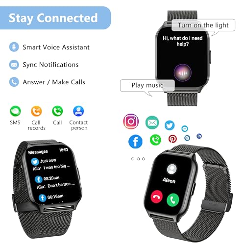 Smartwatch für Damen Herren,Fitnesstracker 2'01 Zoll mit Telefonfunktion/Sprachassistent/Message Reminder,Fitnessuhr Puls-Schlaf-Monitor(Metall schwarz + Silikon schwarz) – Bild 3