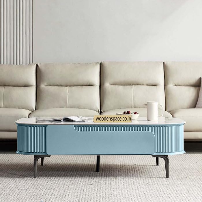 Image of WOODEN SPACE Premium Marble-Top Wooden Center Table for Living Room | Iron Legs | PVD Coating | Modern Entryway Furniture | Coffee Table - 42X24X18 in (Sky Blue)