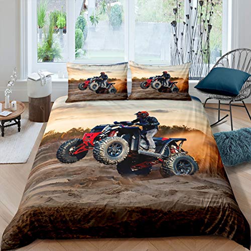 Motocross Racer Bedding Set Mountain Dirt Bike Duvet Cover Set for Kids Boys Girls Racing Motorcycle Comforter Cover Extreme Sports Competition Decor Quilt Cover Bedroom Collection 2Pcs Twin Size