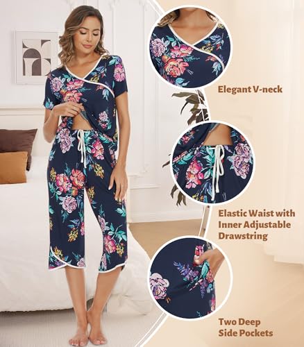 Image of NACHILA Bamboo Viscose Pajamas for Women Lace V Neck Capri Pants Pjs Set